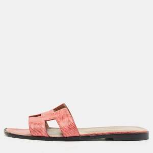 Pre Owned Hermès Pink Lizard Leather Oran Flat Slides Size 39