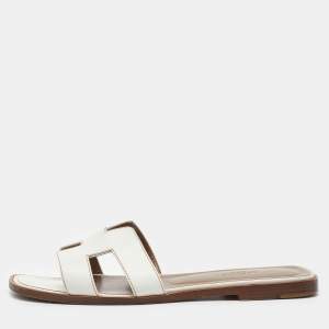 Hermes White Leather Oran Flat Slide Sandals Size 38