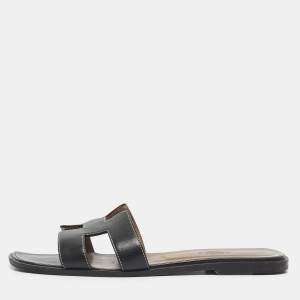 Pre Owned Hermes Black Leather Oran Flat Slide Sandals Size 39