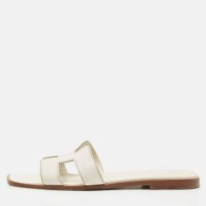 Pre Owned Hermes White Leather Oran Flat Slides Size 39