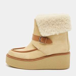 Hermes Beige Suede and Shearling Fur Hemisphere Ankle Boots Size 37