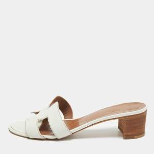 Pre Owned Hermes White Leather Oasis Slide Sandals Size 37.5