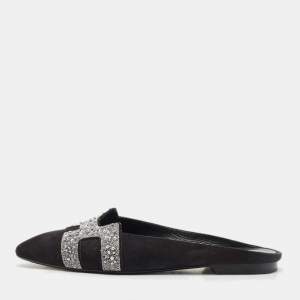 Hermes Black/Silver Suede And Crystal Roxane Mules Size 38