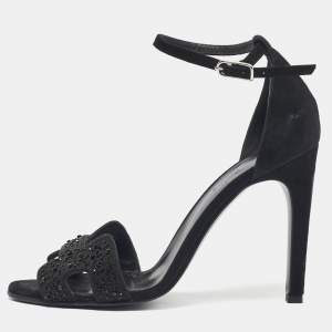 Pre Owned Hermes Black Suede And Crystal Embellished Premiere Ankle Strap Sandals Size 38.5