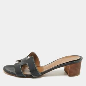 Pre Owned Hermes Black Leather Oasis Slide Sandals Size 35.5