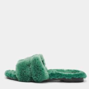 Hermes Green Shearling Fur Oran Flat Slides Size 37.5