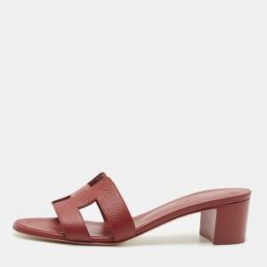 مملوكة مسبقًا Hermes Burgundy Leather Oasis Slide Sandals Size 38.5 