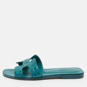 Hermes Blue Ostrich Leather Oran Flat Slides Size 38