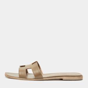 Hermes Brown Leather Oran Flat Slides Size 42