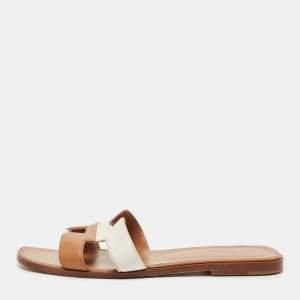 Hermes Brown/White Leather Oran Flat Slide Sandals Size 41