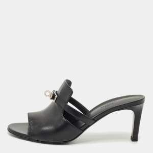 Pre Owned Hermes Black Leather Cute Slide Sandals Size 39