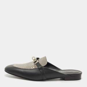 Pre Owned Hermes Black Leather and Lizard Leather Oz Mules Size 39.5