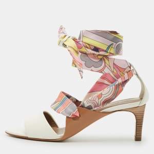 Pre Owned Hermes White Leather Ankle Wrap Silk Sandals Size 37.5
