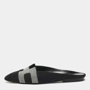 Pre Owned Hermes Black Suede Roxane  Mule Sandals Size 38