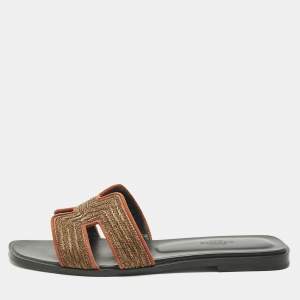 Pre Owned Hermes Gold/Black Suede Oran Dabka Flat Slides Size 38