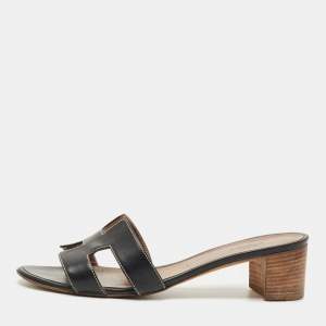 Pre Owned Hermes Black Leather Oasis Slide Sandals Size 38.5