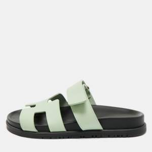 Pre Owned Hermes Green Leather Chypre Flat Sandals Size 36