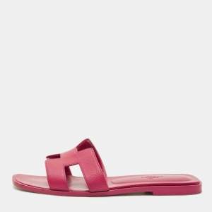 Pre Owned Hermes Pink Leather Oran Flat Slide Size 38