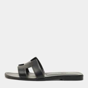 Pre Owned Hermes Black Leather Oran Flat Slides Size 38