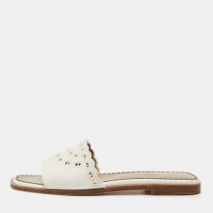 Pre Owned Hermes White Leather Gaelle Flat Slides Size 39