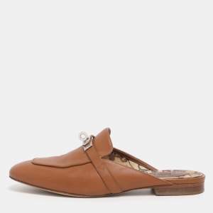 Pre Owned Hermes Naturel Leather Oz Flat Mules Size 38