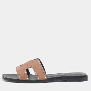 Pre Owned Hermès Brown Suede Oran Flat Slides Size 39