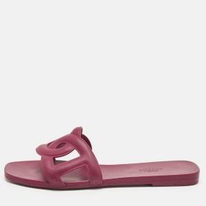 Pre Owned Hermes Burgundy Rubber Aloha Flat Slides Size 38