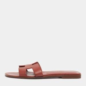Hermes Brick Red Leather Oran Flat Slides Size 38.5