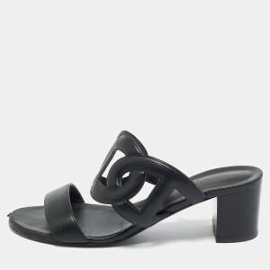 Pre Owned Hermes Black Leather Bikini Slide Sandals Size 38
