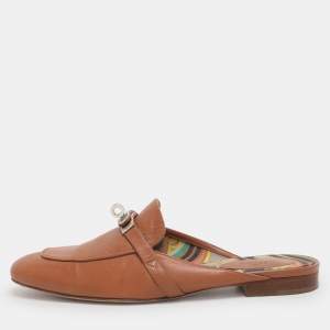 Pre Owned Hermes Brown Leather Palladium Plated Oz Mules  Size 38.5