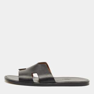 Pre Owned Hermes Black Leather Izmir Flat Slide Size 42