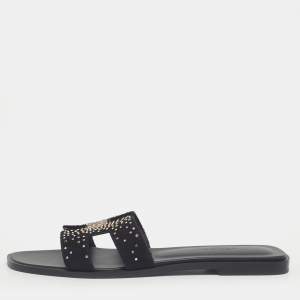 Pre Owned Hermès Black Suede Crystal Embellished Oran Flat Slides Size 40