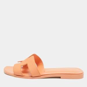Pre Owned Hermes Orange Leather Oran Flat Slides Size 37.5