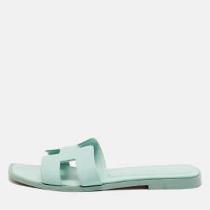 Pre Owned Hermès Blue Leather Oran Flat Slides Size 37.5