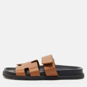 Pre Owned Hermes Brown Leather Chypre Flat Sandals Size 39