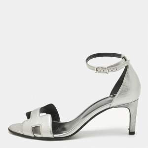 Pre Owned Hermes Silver Leather Premiere Ankle Strap Sandals Size 38