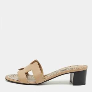 مملوكة مسبقًا Hermes Beige Leather Oasis Slide Sandals Size 36