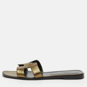 Pre Owned Hermes Brown Metallic Leather Oran Flat Slide Sandals Size 42