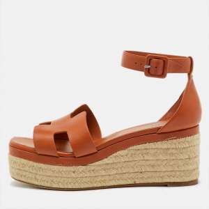 Pre Owned Hermes Brown Leather Elda Espadrille Platform Sandals Size 41