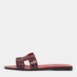 Pre Owned Hermès Black/Red Leather Oran Flat Slide Size 39.5
