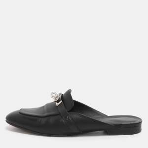 Pre Owned Hermes Black Leather Oz Mules Size 38