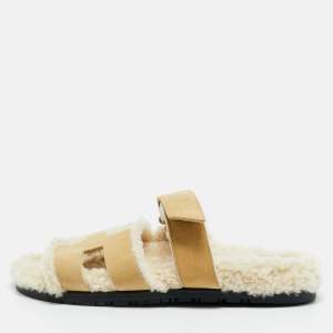 Pre Owned Hermes Brown Suede Shearling Fur Chypre Sandals Size 39