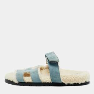 Pre Owned Hermes Blue Shearling Fur and Suede Chypre Slide Sandals Size 39