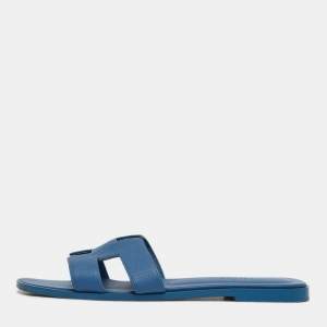 Pre Owned Hermes Blue Leather Oran Flat Slides Size 39.5