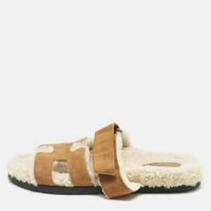 Pre Owned Hermes Brown Suede Shearling Fur Chypre Sandals Size 39.5