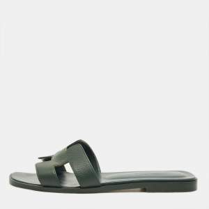 Pre Owned Hermes Green Leather Oran Flat Slides Size 37