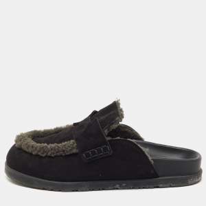 Pre Owned Hermes Black/Dark Grey Suede and Shearling Go Flat Mules Size 37.5