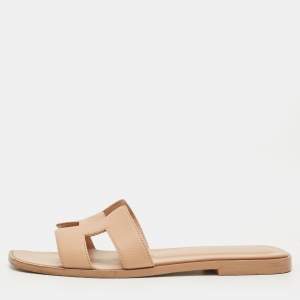 Pre Owned Hermes Beige Leather Oran Flat Slide Size 37