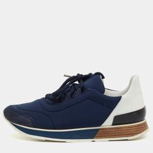 Pre Owned Hermes Navy Blue/White Neoprene and Leather Miles Lace Up Sneakers Size 39.5
