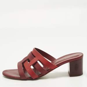 Pre Owned Hermes Red/Burgundy Leather Amika Slide Sandals Size 40